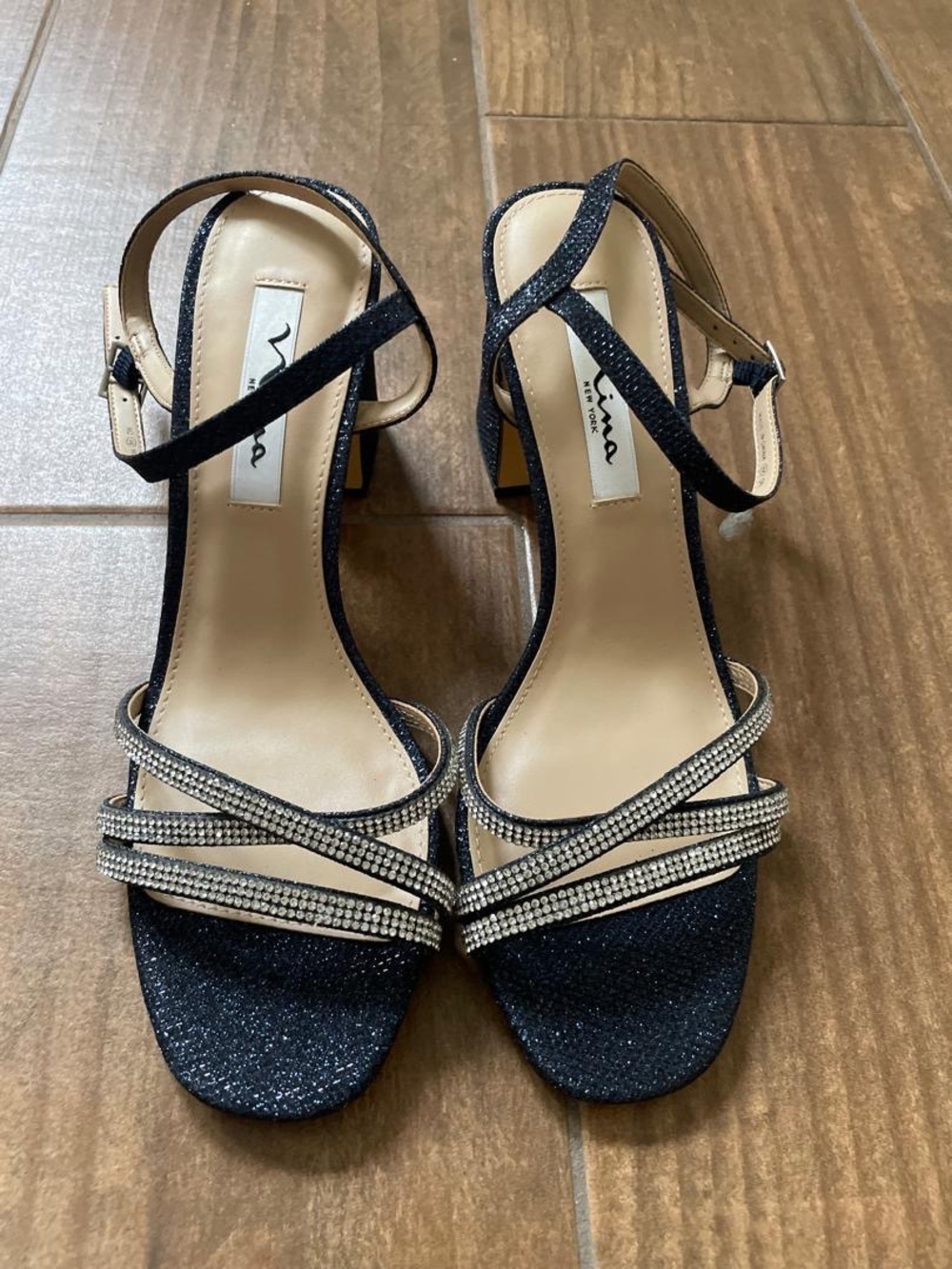 Nina Black Glitter Heels with Crystal Strap Accents